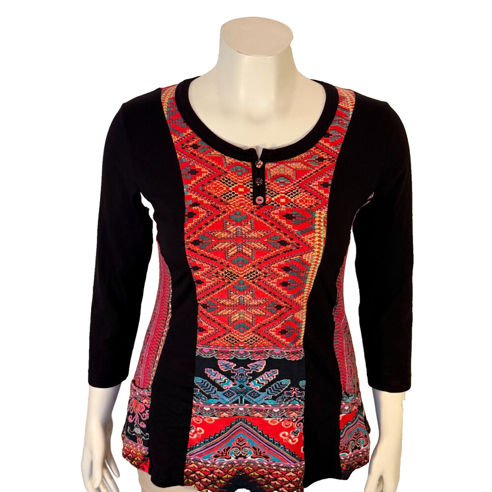 Parsley & Sage Tunic Top Women's S Black Red Aztec Print 3/4 Sleeve 2 Pocket